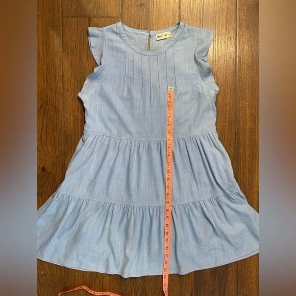 New In Light Blue Tiered Flutter Sleeve Mini Dress Small Pleated Neckline Pocket